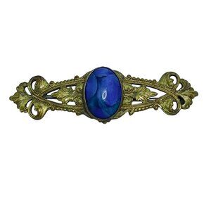 Vintage Gold Tone And Cobalt Blue Cabochon Bar Brooch With C Clasp (5756)
